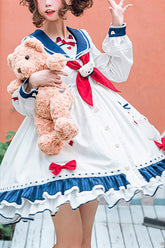 White College Style Navy Collar Chiffon Sea White Bear Print Bowknot Ruffled Sweet Lolita OP Dress